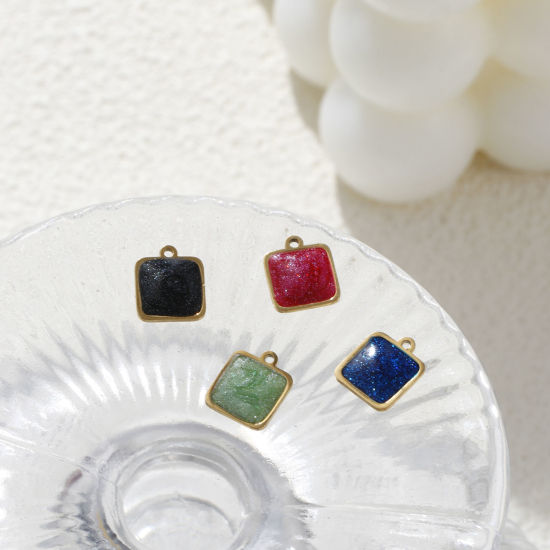 Изображение 2 PCs Eco-friendly PVD Vacuum Plating 304 Stainless Steel Geometric Mini Charms 18K Real Gold Plated Multicolor Enamel Square Glitter 10mm x 8mm