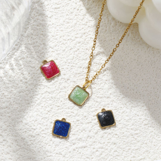 Изображение 2 PCs Eco-friendly PVD Vacuum Plating 304 Stainless Steel Geometric Mini Charms 18K Real Gold Plated Multicolor Enamel Square Glitter 10mm x 8mm