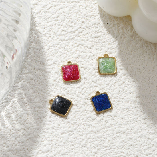 Изображение 2 PCs Eco-friendly PVD Vacuum Plating 304 Stainless Steel Geometric Mini Charms 18K Real Gold Plated Multicolor Enamel Square Glitter 10mm x 8mm
