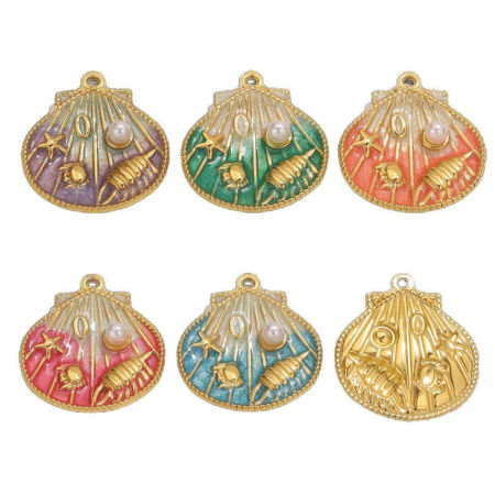 Eco-friendly PVD Vacuum Plating 304 Stainless Steel Ocean Jewelry Charms 18K Gold Plated Multicolor Enamel Shell Conch Sea Snail Imitation Pearl 25mm x 28.5mm