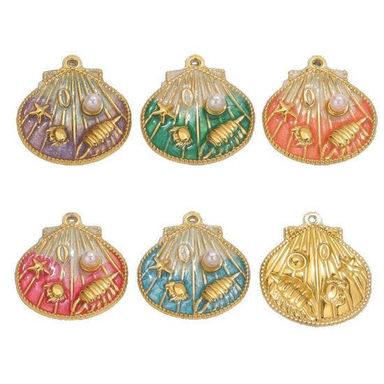 Picture of Eco-friendly PVD Vacuum Plating 304 Stainless Steel Ocean Jewelry Charms 18K Gold Plated Multicolor Enamel Shell Conch Sea Snail Imitation Pearl 25mm x 28.5mm