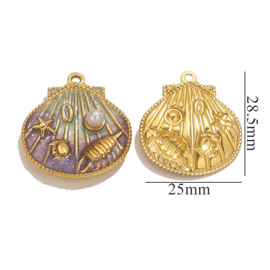 Picture of Eco-friendly PVD Vacuum Plating 304 Stainless Steel Ocean Jewelry Charms 18K Gold Plated Multicolor Enamel Shell Conch Sea Snail Imitation Pearl 25mm x 28.5mm
