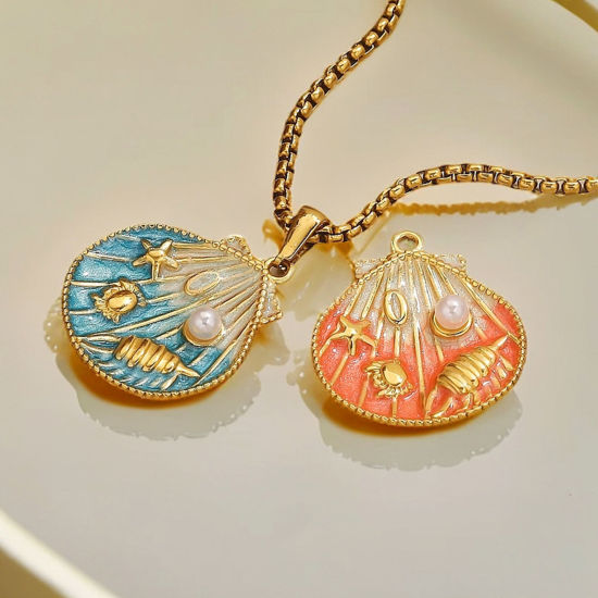 Picture of Eco-friendly PVD Vacuum Plating 304 Stainless Steel Ocean Jewelry Charms 18K Gold Plated Multicolor Enamel Shell Conch Sea Snail Imitation Pearl 25mm x 28.5mm