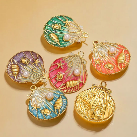 Picture of Eco-friendly PVD Vacuum Plating 304 Stainless Steel Ocean Jewelry Charms 18K Gold Plated Multicolor Enamel Shell Conch Sea Snail Imitation Pearl 25mm x 28.5mm