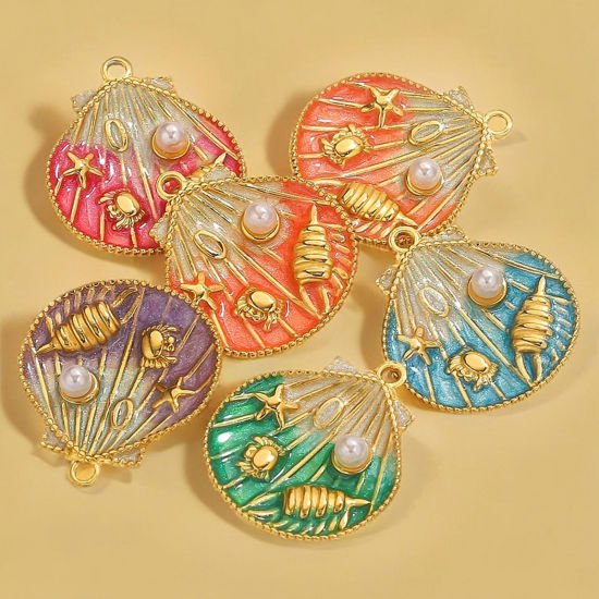 Picture of Eco-friendly PVD Vacuum Plating 304 Stainless Steel Ocean Jewelry Charms 18K Gold Plated Multicolor Enamel Shell Conch Sea Snail Imitation Pearl 25mm x 28.5mm