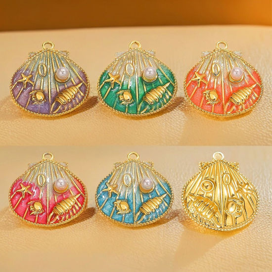 Picture of Eco-friendly PVD Vacuum Plating 304 Stainless Steel Ocean Jewelry Charms 18K Gold Plated Multicolor Enamel Shell Conch Sea Snail Imitation Pearl 25mm x 28.5mm