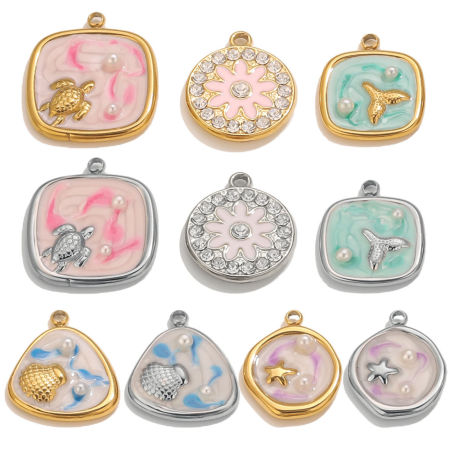 Bild von Umweltfreundlich 304 Edelstahl Ozean Schmuck Charms Bunt Emaille Imitat Perle