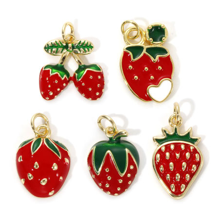 Eco-friendly Brass Charms 18K Real Gold Plated Red Enamel Strawberry Fruit