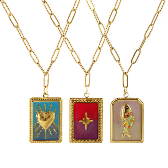 Bild von Umweltfreundliche PVD-Vakuumbeschichtung Exquisit 18K Echtgold plattiert 304 Edelstahl Büroklammerkette Rechteck Anhänger Halskette Für Frauen Geschenk 42cm + 5cm lang