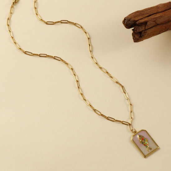 Bild von Umweltfreundliche PVD-Vakuumbeschichtung Exquisit 18K Echtgold plattiert 304 Edelstahl Büroklammerkette Rechteck Anhänger Halskette Für Frauen Geschenk 42cm + 5cm lang