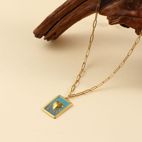 Bild von Umweltfreundliche PVD-Vakuumbeschichtung Exquisit 18K Echtgold plattiert 304 Edelstahl Büroklammerkette Rechteck Anhänger Halskette Für Frauen Geschenk 42cm + 5cm lang