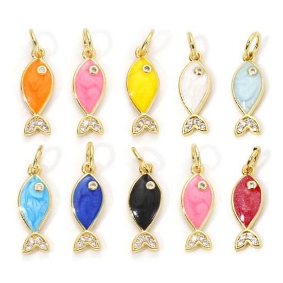 Picture of Eco-friendly Brass Ocean Jewelry Charms 18K Real Gold Plated Enamel Fish Animal Pearlized Clear Cubic Zirconia 19mm x 6mm