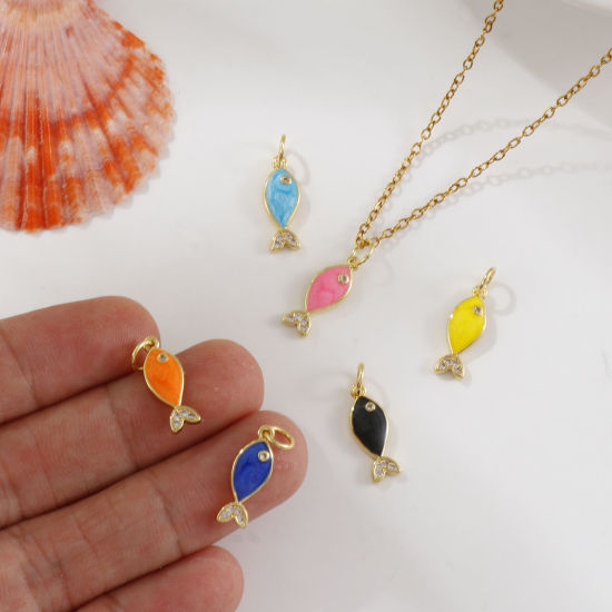Picture of Eco-friendly Brass Ocean Jewelry Charms 18K Real Gold Plated Enamel Fish Animal Pearlized Clear Cubic Zirconia 19mm x 6mm