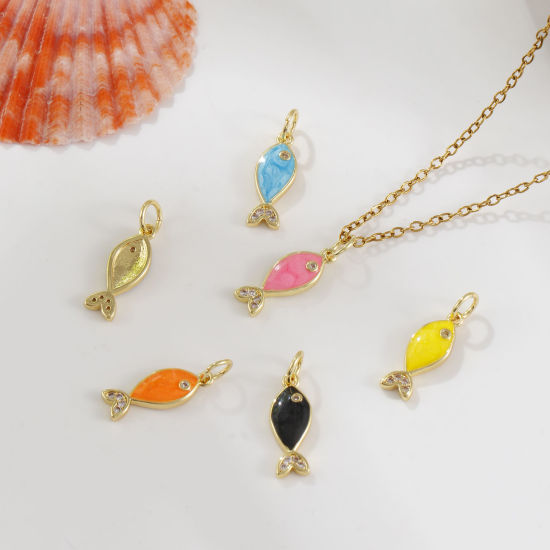 Picture of Eco-friendly Brass Ocean Jewelry Charms 18K Real Gold Plated Enamel Fish Animal Pearlized Clear Cubic Zirconia 19mm x 6mm