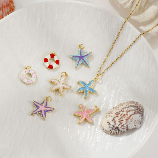 Picture of Eco-friendly Brass Ocean Jewelry Charms 18K Real Gold Plated Multicolor Enamel Lifebuoy Star Fish