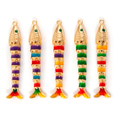 Eco-friendly Brass Ocean Jewelry Pendants 18K Real Gold Plated Multicolor Fish Animal Movable Green Cubic Zirconia Enamel 3D 47mm x 8mm