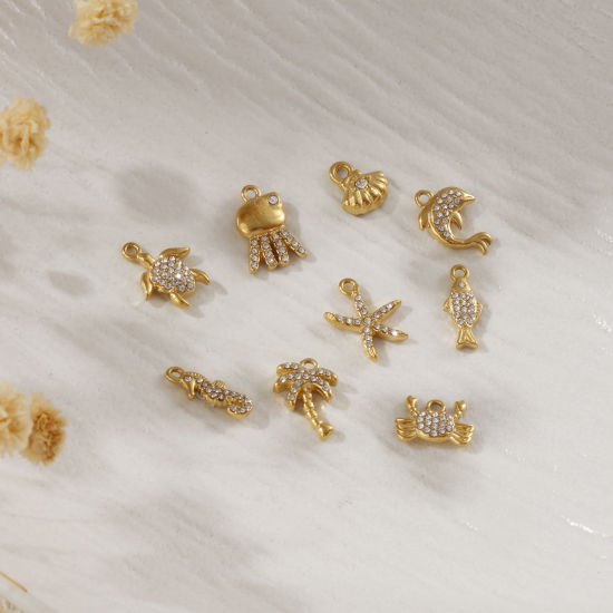 Изображение 1 Piece Eco-friendly PVD Vacuum Plating 304 Stainless Steel Charms 18K Real Gold Plated Micro Pave Clear Cubic Zirconia