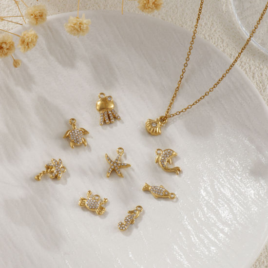 Изображение 1 Piece Eco-friendly PVD Vacuum Plating 304 Stainless Steel Charms 18K Real Gold Plated Micro Pave Clear Cubic Zirconia