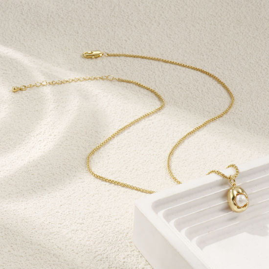 Imagen de 18K Oro Real Chapado Cadena de Cable Cruz Óvalo Collar con Colgante, Latón & Acrílico 45cm + 5cm, Para Mujeres, Elegante Sencillo Regalo, Respetuoso del Medio Ambiente, 1 Unidad