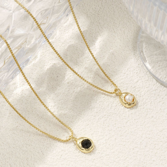 Imagen de 18K Oro Real Chapado Cadena de Cable Cruz Óvalo Collar con Colgante, Latón & Acrílico 45cm + 5cm, Para Mujeres, Elegante Sencillo Regalo, Respetuoso del Medio Ambiente, 1 Unidad