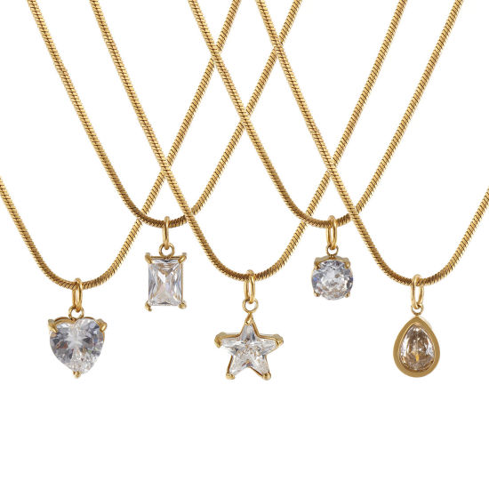 Immagine di 1 Piece Eco-friendly PVD Vacuum Plating Stylish Geometric 18K Real Gold Plated 304 Stainless Steel & Cubic Zirconia Snake Chain Pendant Charm Necklace For Women Gift 45cm(17.7") long