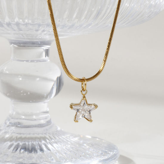 Immagine di 1 Piece Eco-friendly PVD Vacuum Plating Stylish Geometric 18K Real Gold Plated 304 Stainless Steel & Cubic Zirconia Snake Chain Pendant Charm Necklace For Women Gift 45cm(17.7") long