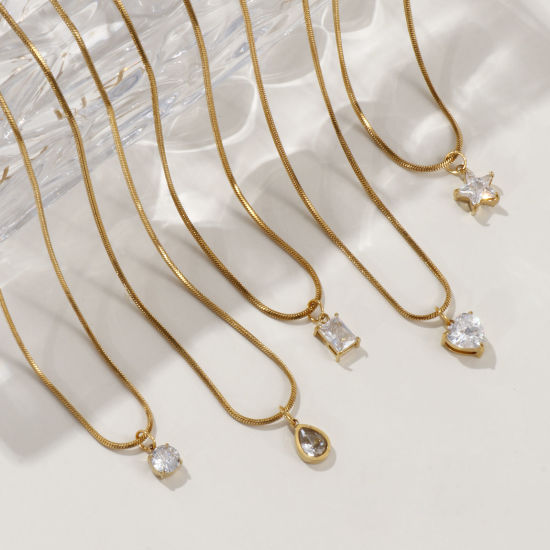 Immagine di 1 Piece Eco-friendly PVD Vacuum Plating Stylish Geometric 18K Real Gold Plated 304 Stainless Steel & Cubic Zirconia Snake Chain Pendant Charm Necklace For Women Gift 45cm(17.7") long
