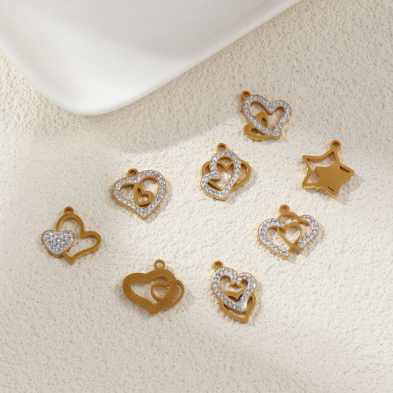 Immagine di 2 Pz Placcatura Sottovuoto PVD Ecologica 304 Acciaio Inossidabile San Valentino Ciondoli 18K Vero Oro Placcato Bianco Smalto Cuore Micro Spianare Trasparente Strass