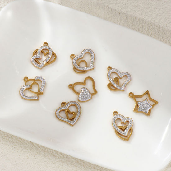 Immagine di 2 Pz Placcatura Sottovuoto PVD Ecologica 304 Acciaio Inossidabile San Valentino Ciondoli 18K Vero Oro Placcato Bianco Smalto Cuore Micro Spianare Trasparente Strass