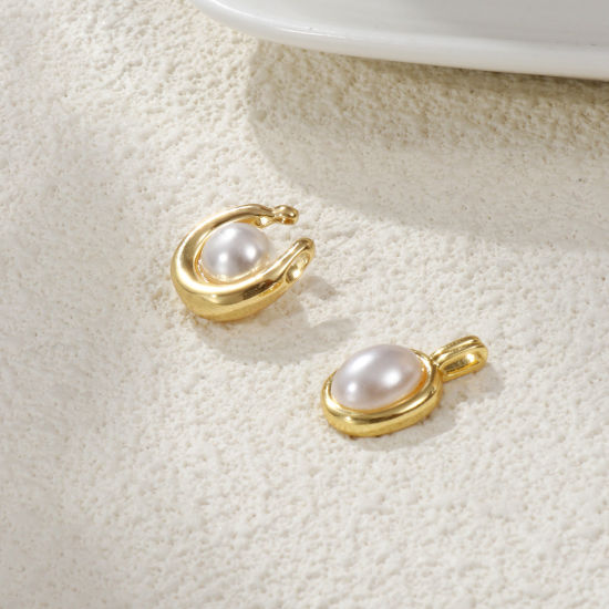 Picture of 1 Piece Brass Charms 18K Gold Plated White Acrylic Imitation Pearl