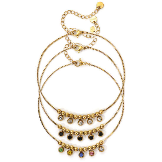 Immagine di 1 Pz Placcatura Sottovuoto PVD Ecologica Elegante 18K Vero Oro Placcato 304 Acciaio Inossidabile & Strass Catena a Casella Cavigliera con Ciondoli Per Donne Regalo 22cm Lunghezza