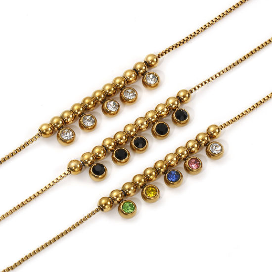 Immagine di 1 Pz Placcatura Sottovuoto PVD Ecologica Elegante 18K Vero Oro Placcato 304 Acciaio Inossidabile & Strass Catena a Casella Cavigliera con Ciondoli Per Donne Regalo 22cm Lunghezza