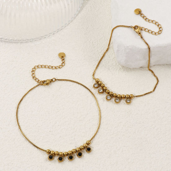 Immagine di 1 Pz Placcatura Sottovuoto PVD Ecologica Elegante 18K Vero Oro Placcato 304 Acciaio Inossidabile & Strass Catena a Casella Cavigliera con Ciondoli Per Donne Regalo 22cm Lunghezza