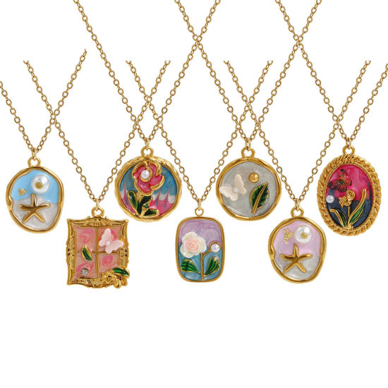 Picture of 18K Real Gold Plated Link Cable Chain Pendant Charm Necklace, 304 Stainless Steel 45cm(17.7") + 5cm(2"), For Women, Multicolor Enamel Retro Oil Painting Style Gift, Eco-friendly PVD Vacuum Plating