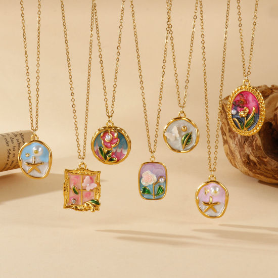 Picture of 18K Real Gold Plated Link Cable Chain Pendant Charm Necklace, 304 Stainless Steel 45cm(17.7") + 5cm(2"), For Women, Multicolor Enamel Retro Oil Painting Style Gift, Eco-friendly PVD Vacuum Plating