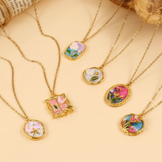 Picture of 18K Real Gold Plated Link Cable Chain Pendant Charm Necklace, 304 Stainless Steel 45cm(17.7") + 5cm(2"), For Women, Multicolor Enamel Retro Oil Painting Style Gift, Eco-friendly PVD Vacuum Plating