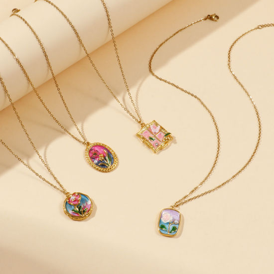 Picture of 18K Real Gold Plated Link Cable Chain Pendant Charm Necklace, 304 Stainless Steel 45cm(17.7") + 5cm(2"), For Women, Multicolor Enamel Retro Oil Painting Style Gift, Eco-friendly PVD Vacuum Plating
