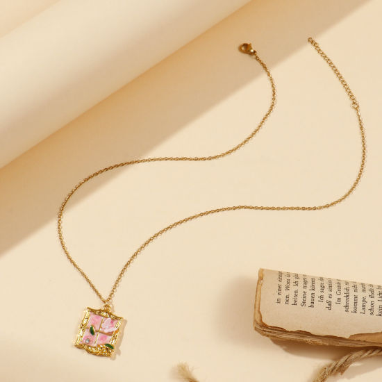 Picture of 18K Real Gold Plated Link Cable Chain Pendant Charm Necklace, 304 Stainless Steel 45cm(17.7") + 5cm(2"), For Women, Multicolor Enamel Retro Oil Painting Style Gift, Eco-friendly PVD Vacuum Plating