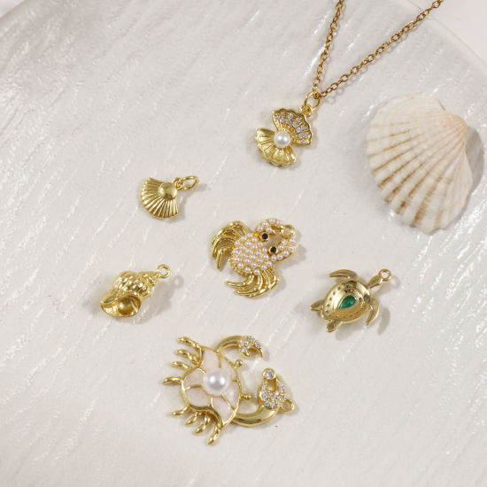 Imagen de 2 Unidades Latón Joyería del océano Colgantes Chapado en Oro de 18K Concha Animales Marinos Acrílico Imitación de Perla