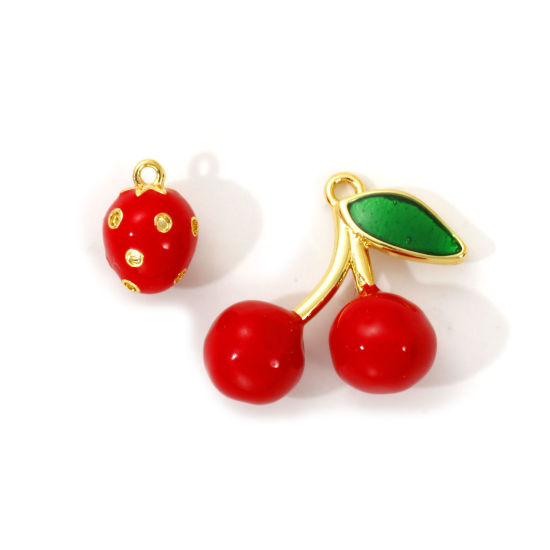 Image de 2 Pcs Breloques en Laiton Plaqué Or 18K Rouge Émail Fruits