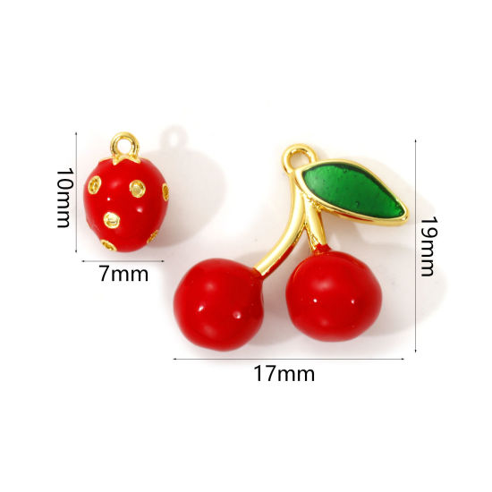 Image de 2 Pcs Breloques en Laiton Plaqué Or 18K Rouge Émail Fruits