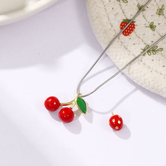 Image de 2 Pcs Breloques en Laiton Plaqué Or 18K Rouge Émail Fruits