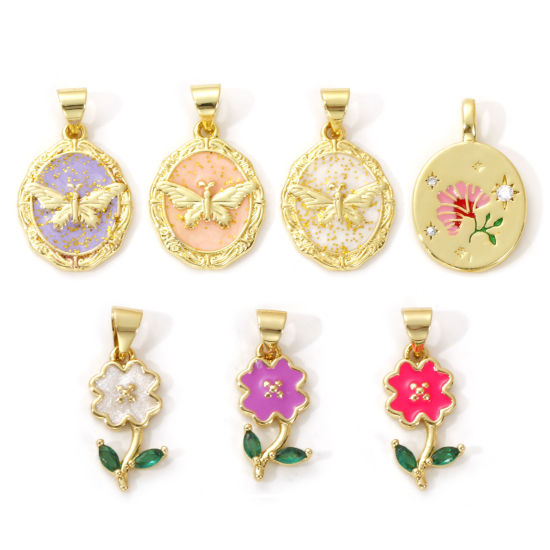 Imagen de 2 Unidades Latón Colgantes Chapado en Oro de 18K Multicolor Esmalte Flor Mariposa