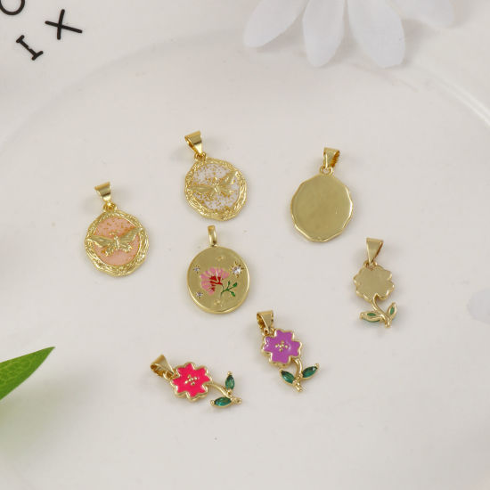 Imagen de 2 Unidades Latón Colgantes Chapado en Oro de 18K Multicolor Esmalte Flor Mariposa