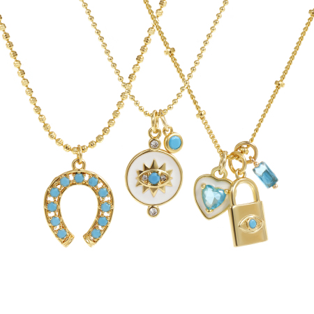 Picture of 18K Real Gold Plated Pendant Charm Necklace, Brass 45cm(17.7") + 5cm(2"), For Women, Blue Cubic Zirconia Retro Gift, Eco-friendly