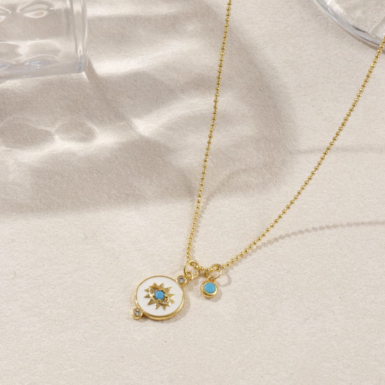 Изображение 18K Real Gold Plated Pendant Charm Necklace, Brass 45cm(17.7") + 5cm(2"), For Women, Blue Cubic Zirconia Retro Gift, Eco-friendly, 1 Piece