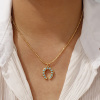Imagen de 18K Oro Real Chapado Collar con Colgante, Latón 45cm + 5cm, Para Mujeres, Azul Circón Artificial Retro Regalo, Respetuoso del Medio Ambiente, 1 Unidad