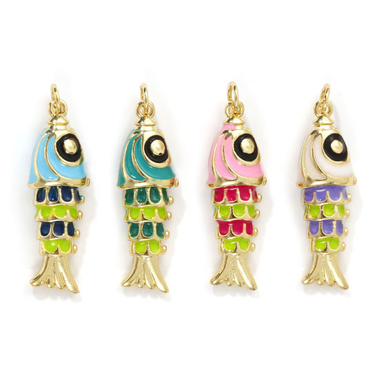 1 Piece Eco-friendly Brass Ocean Jewelry Pendants 18K Real Gold Plated Multicolor Enamel Fish Animal 3D 3.3cm x 1cm の画像