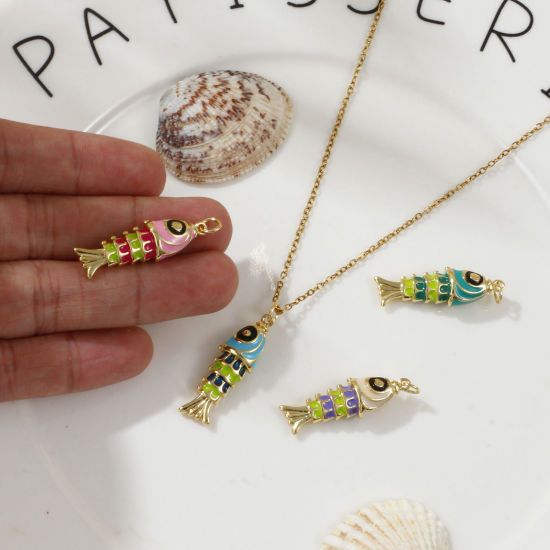 1 Piece Eco-friendly Brass Ocean Jewelry Pendants 18K Real Gold Plated Multicolor Enamel Fish Animal 3D 3.3cm x 1cm の画像