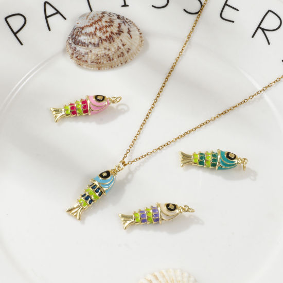 1 Piece Eco-friendly Brass Ocean Jewelry Pendants 18K Real Gold Plated Multicolor Enamel Fish Animal 3D 3.3cm x 1cm の画像